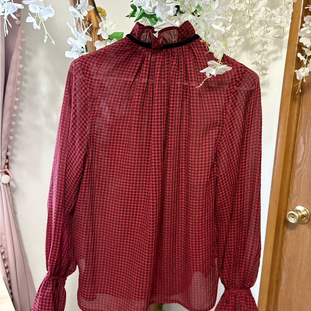 Ganni Red & Black Check Seersucker Tie Neck Shirt ♥️ - Picture 12 of 15